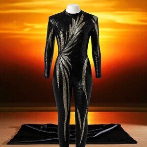 Black & Gold Sequin Long-Sleeve Jumpsuit With Leaf Design Sheer Detailing Form-F